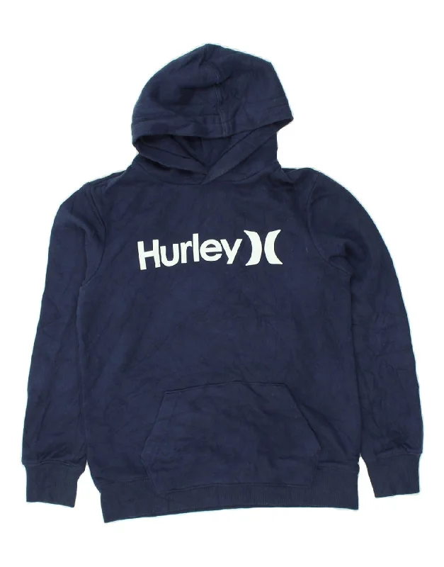 HURLEY Womens Graphic Hoodie Jumper UK 14 Large Navy Blue Hoodie Dress Longline Feminine