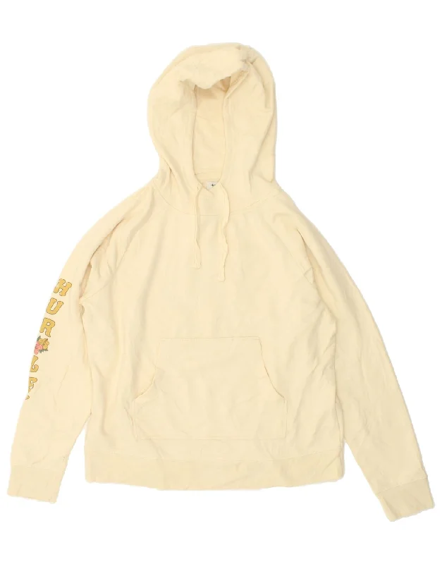 HURLEY Womens Hoodie Jumper UK 14 Medium Beige Cotton Hoodie with Drawcord Adjustable Secure