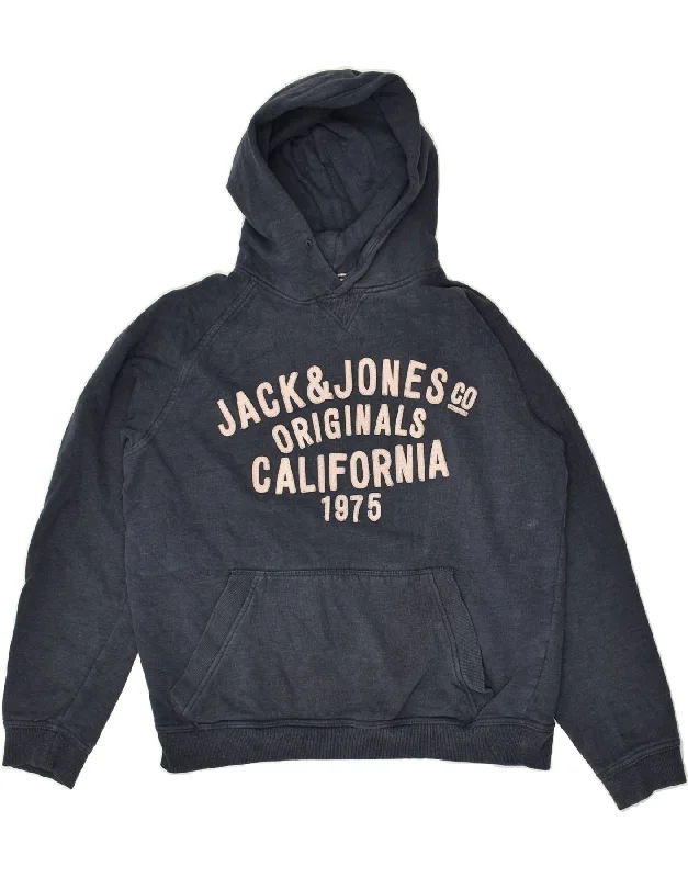 JACK & JONES Womens Graphic Hoodie Jumper UK 16 Large Navy Blue Cotton Hoodie with Set-In Sleeves Structured Classic