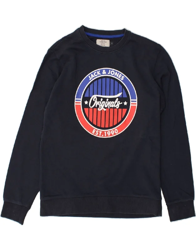 JACK & JONES Womens Graphic Sweatshirt Jumper UK 14 Medium Navy Blue Hoodie with Contrast Stitching Detailed Premium