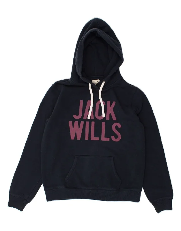 JACK WILLS Womens Graphic Hoodie Jumper UK 16 Large Navy Blue Hoodie with Hem Elastic Stretchable Comfortable