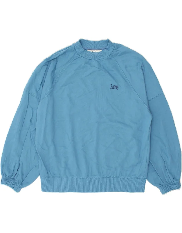 LEE Womens Oversized Sweatshirt Jumper UK 10 Small Blue Cotton Hoodie with Hem Embroidery Detailed Premium