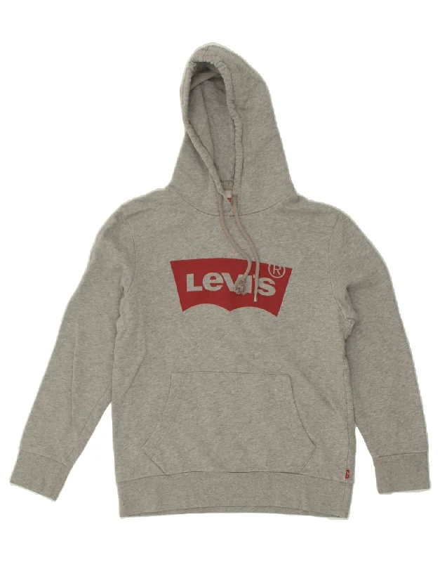 LEVI'S Womens Graphic Hoodie Jumper UK 10 Small Grey Cotton Hoodie with Zipper Placket Modern Functional