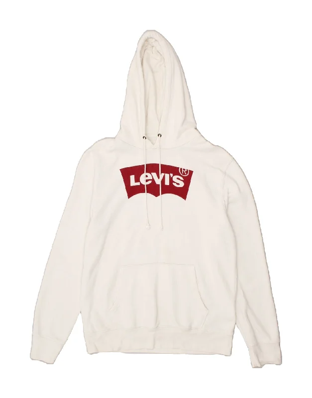 LEVI'S Womens Graphic Hoodie Jumper UK 14 Medium White Cotton Hoodie with Raglan Sleeves Sporty Comfortable