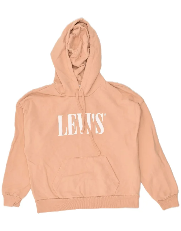 LEVI'S Womens Oversized Graphic Hoodie Jumper UK 6 XS Beige Cotton Hoodie with Hem Patch Decorative Personalized