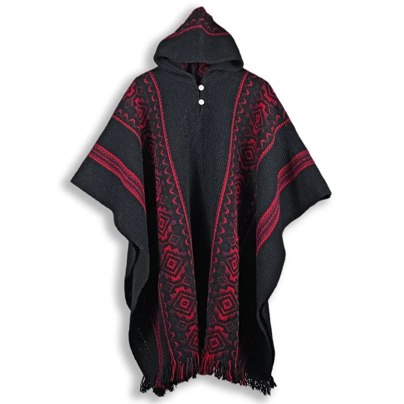 Llama Wool Unisex South American Handwoven Hooded Poncho - solid black with red diamonds pattern Graphic Hoodie Design Print