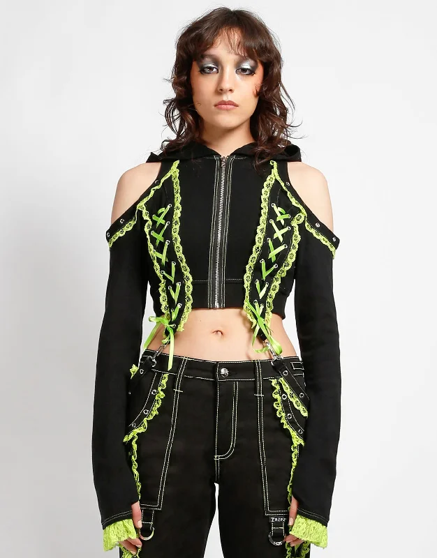 LOLITA CROP HOODY LIME Hoodie with Ribbed Hem Stretchable Secure