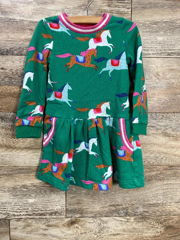 Mini Boden Horse Print Sweatshirt Dress Green sz 4-5T Hoodie with Raglan Sleeves Sporty Comfortable