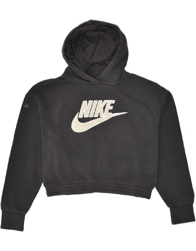 NIKE Womens Graphic Crop Hoodie Jumper UK 10 Small Black Cotton Hoodie with Batwing Sleeves Loose Dramatic