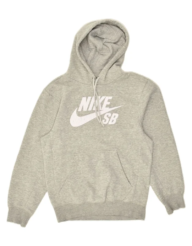 NIKE Womens Graphic Hoodie Jumper UK 10 Small Grey Cotton Hoodie with Raw Hem Edgy Unfinished