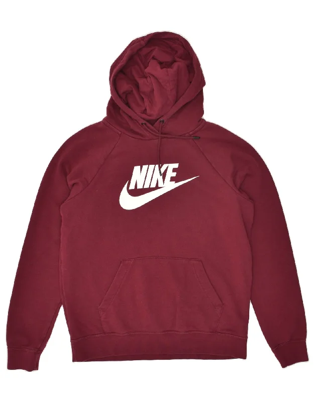 NIKE Womens Graphic Hoodie Jumper UK 14 Medium Burgundy Cotton Hoodie with Frayed Bohemian Relaxed