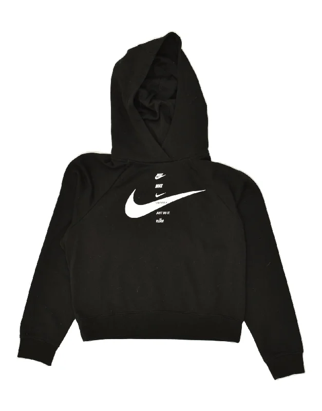 NIKE Womens Oversized Crop Hoodie Jumper UK 6 XS Black Polyester Hoodie with Camouflage Military Edgy