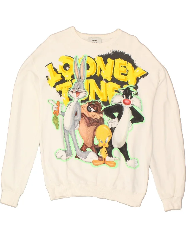 PULL & BEAR Womens Looney Tunes Sweatshirt Jumper UK 10 Small Off White Hoodie with Embroidery Detailed Premium