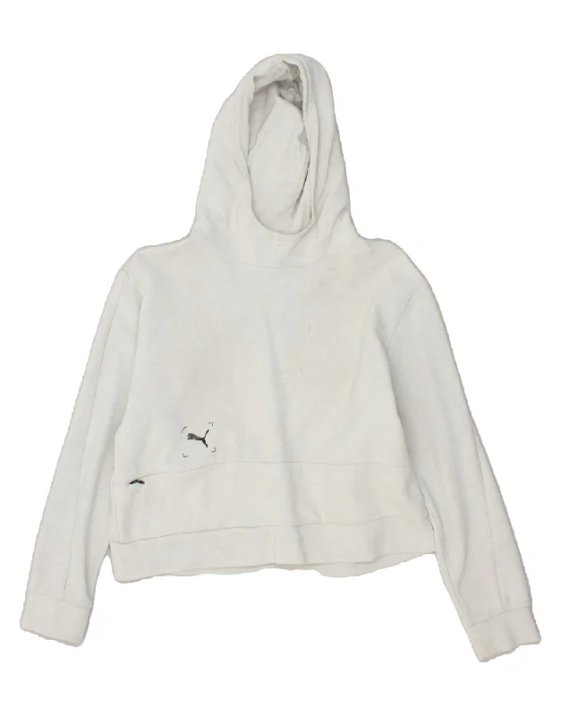 PUMA Womens Crop Hoodie Jumper UK 14 Medium White Cotton Hoodie with Snap Buttons Easy Quick