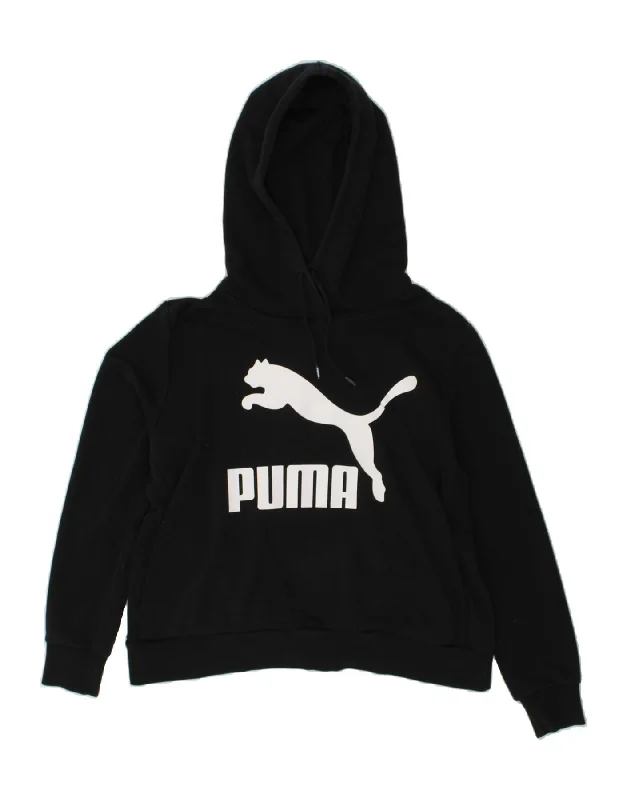 PUMA Womens Graphic Hoodie Jumper UK 14 Medium Black Cotton Hoodie with Set-In Sleeves Structured Classic