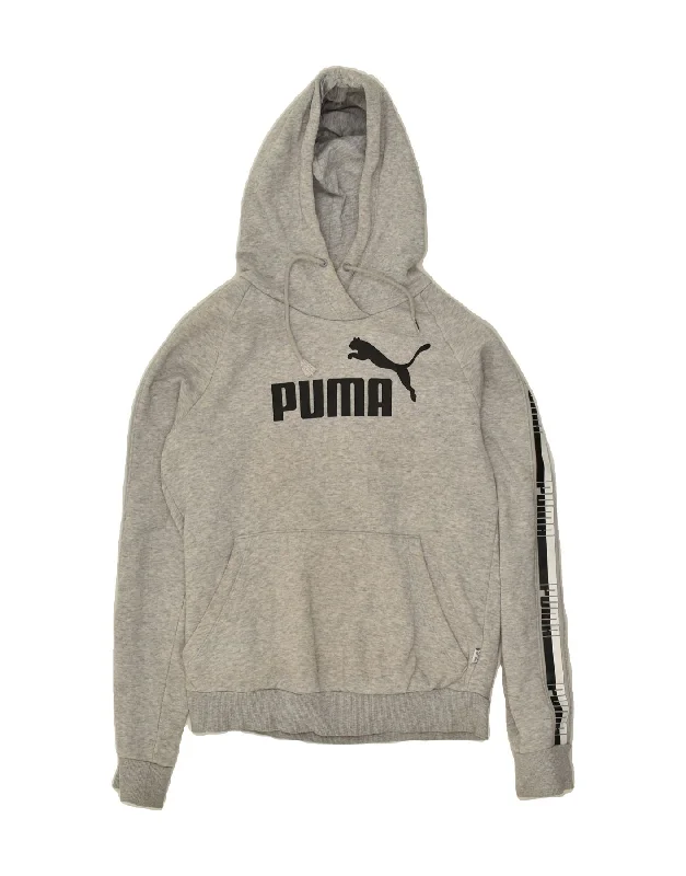 PUMA Womens Graphic Hoodie Jumper UK 8 Small Grey Cotton Hoodie with Stripes Bold Sporty