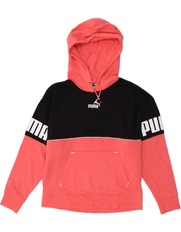 PUMA Womens Oversized Graphic Hoodie Jumper UK 10 Small Pink Colourblock Hoodie with Metallic Shiny Futuristic