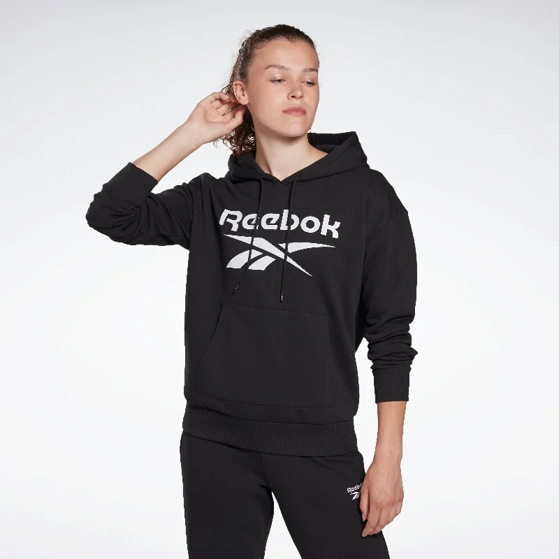 Reebok Identity Logo French Terry Hoodie Black Hoodie with Raw Hem Edgy Unfinished