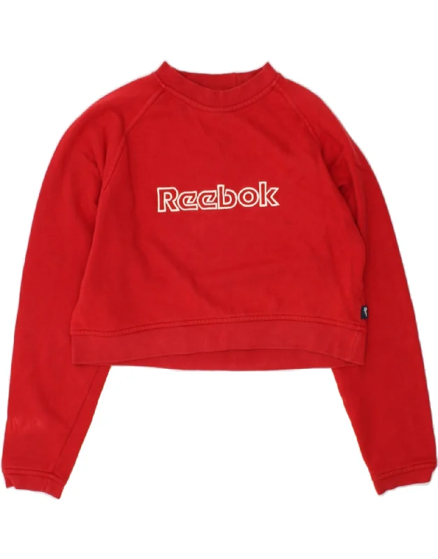 REEBOK Womens Graphic Crop Sweatshirt Jumper UK 14 Medium Red Cotton Hoodie with Raw Hem Edgy Unfinished