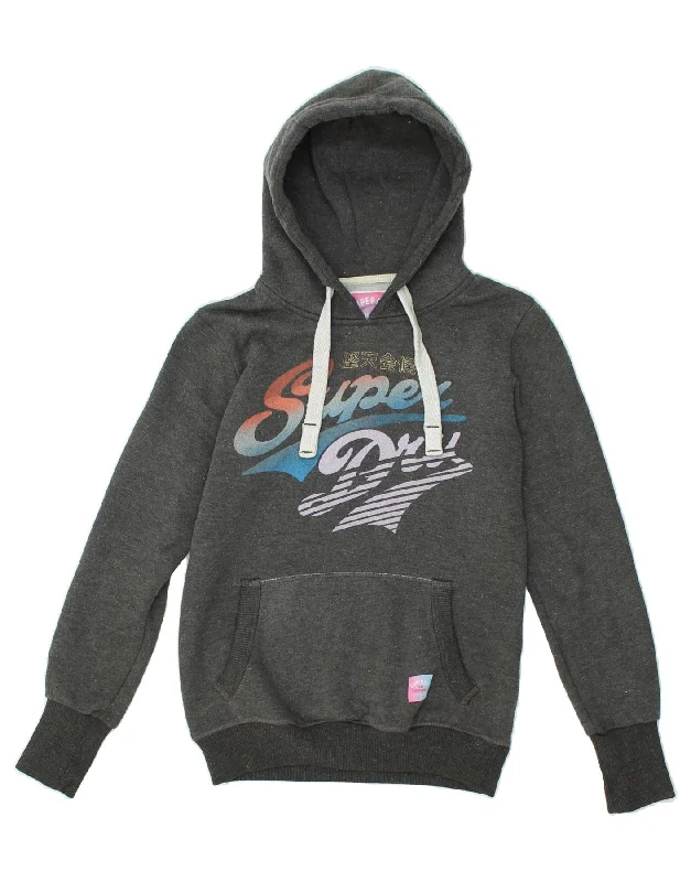 SUPERDRY Womens Graphic Hoodie Jumper UK 10 Small Grey Cotton Hoodie with Side Slits Relaxed Casual