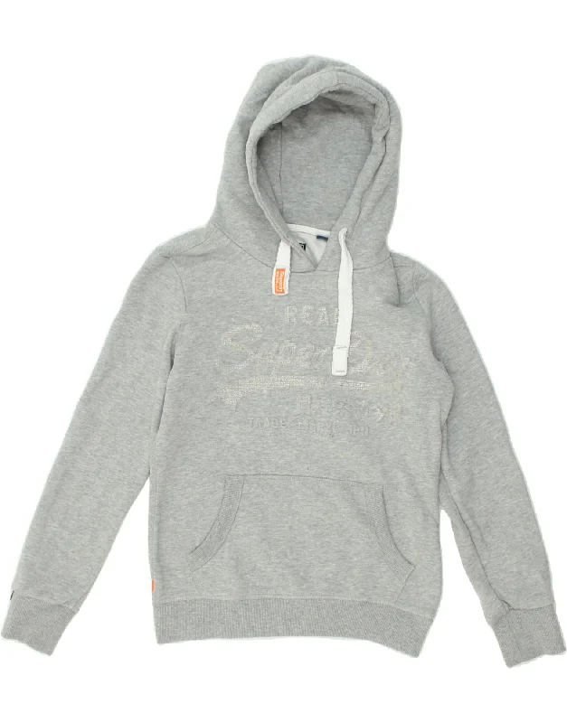 SUPERDRY Womens Graphic Hoodie Jumper UK 10 Small Grey Cotton Hoodie with High-Low Hem Asymmetrical Trendy