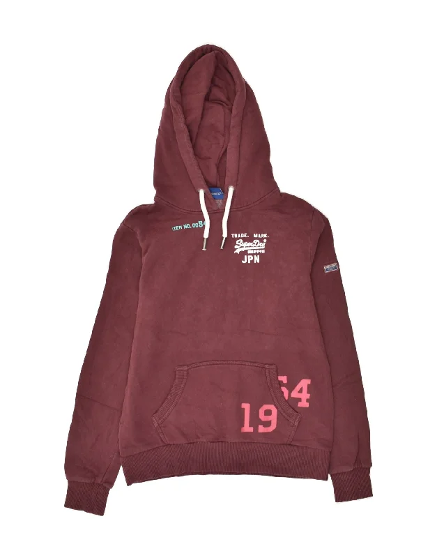 SUPERDRY Womens Graphic Hoodie Jumper UK 10 Small Maroon Cotton Hoodie with Drop Shoulder Relaxed Streetwear