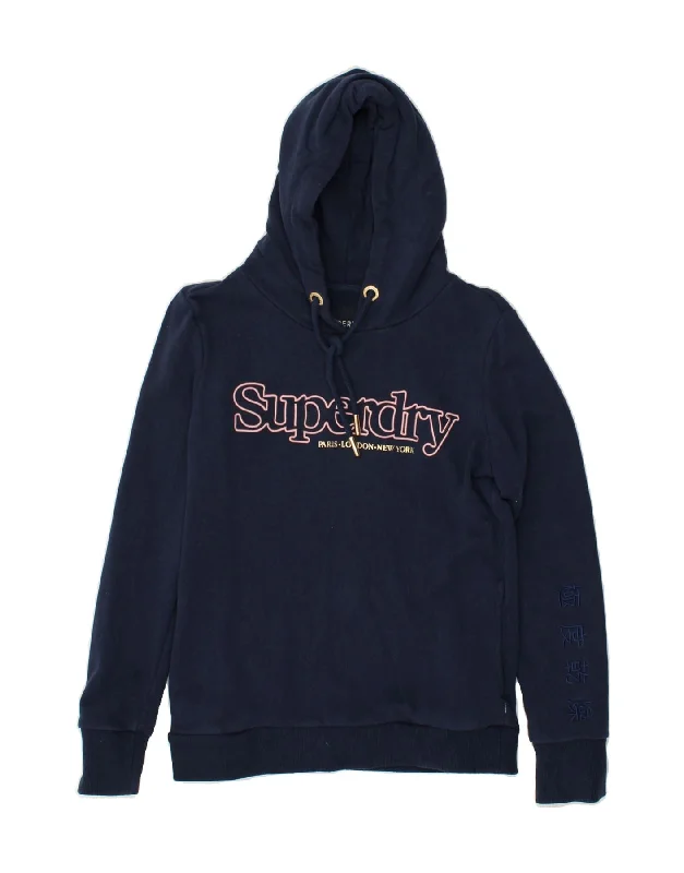 SUPERDRY Womens Graphic Hoodie Jumper UK 10 Small Navy Blue Cotton Hoodie with Hem Fringe Bohemian Relaxed