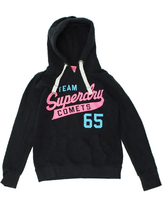 SUPERDRY Womens Graphic Hoodie Jumper UK 12 Medium Navy Blue Cotton Hoodie with Elastic Cuffs Stretchable Comfortable