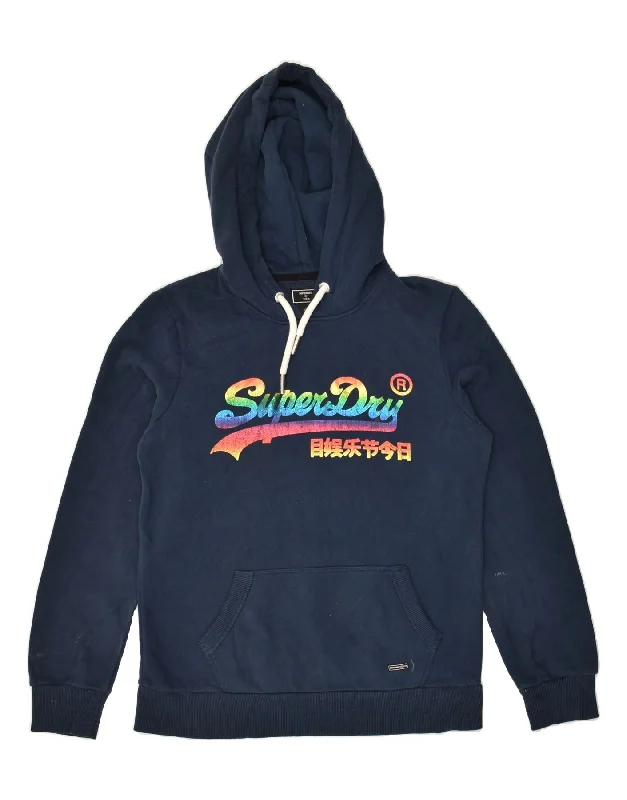 SUPERDRY Womens Graphic Hoodie Jumper UK 12 Medium   Navy Blue Cotton Hoodie with Monochrome Minimalist Simple