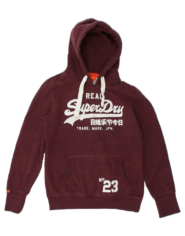 SUPERDRY Womens Graphic Hoodie Jumper UK 14 Medium Burgundy Flecked Cotton Hoodie with Puffed Sleeves Voluminous Trendy