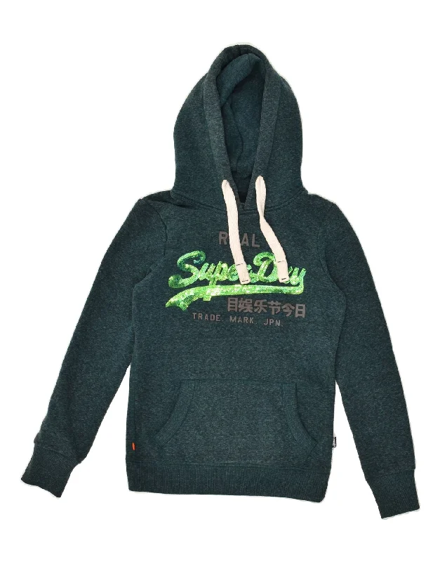 SUPERDRY Womens Graphic Hoodie Jumper UK 6 XS  Green Flecked Cotton Hoodie with Zipper Placket Modern Functional