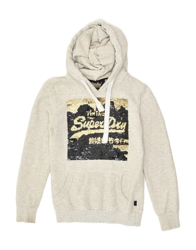 SUPERDRY Womens Graphic Hoodie Jumper UK 6 XS  Grey Hoodie with Pastel Soft Subtle