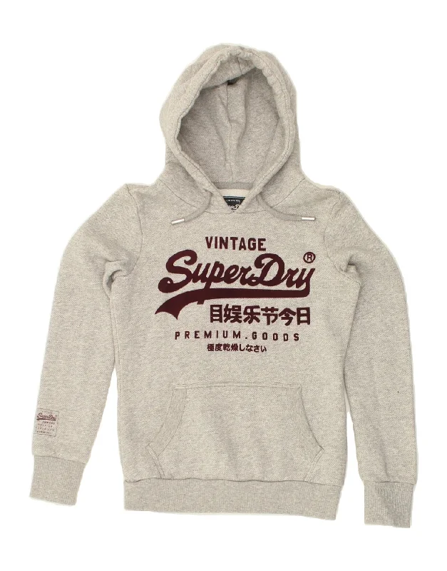 SUPERDRY Womens Graphic Hoodie Jumper UK 8 Small Grey Cotton Hoodie with Pattern Geometric Abstract