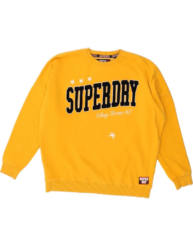 SUPERDRY Womens Graphic Sweatshirt Jumper UK 12 Medium Yellow Cotton Hoodie Dress Longline Feminine