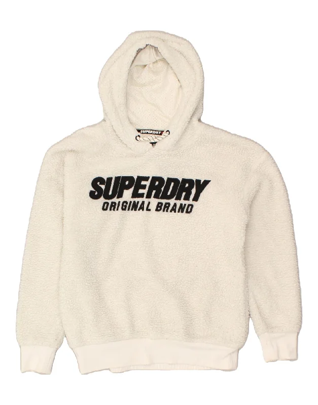 SUPERDRY Womens Hooded Fleece Jumper UK 12 Medium White Polyester Hoodie with Ribbed Hem Stretchable Secure