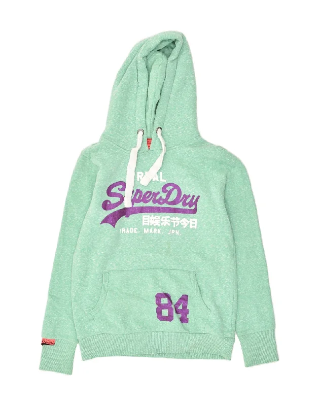 SUPERDRY Womens Real Graphic Hoodie Jumper UK 14 Medium Green Flecked Hoodie with Cropped Fit Short Trendy