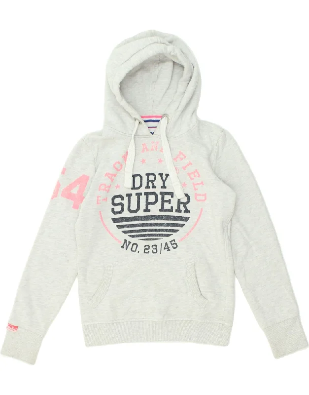 SUPERDRY Womens Track & Field Graphic Hoodie Jumper UK 6 XS Grey Cotton Hoodie with Set-In Sleeves Structured Classic