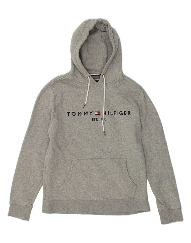 TOMMY HILFIGER Womens Graphic Hoodie Jumper Large Grey Cotton Hoodie with Emblem Brand Identity