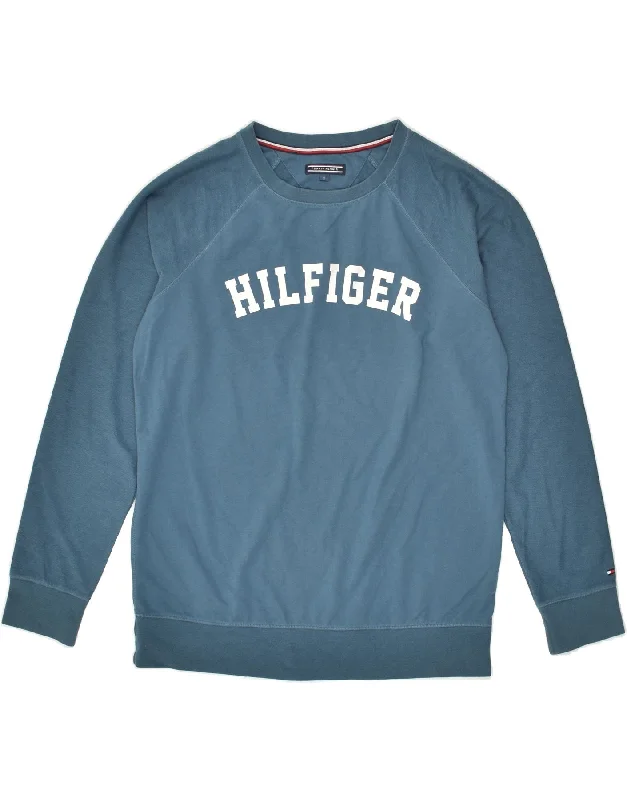 TOMMY HILFIGER Womens Graphic Sweatshirt Jumper UK 10 Small Blue Cotton Hoodie with Stripes Bold Sporty