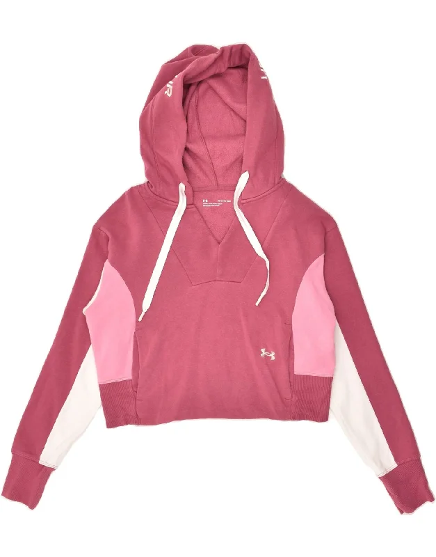 UNDER ARMOUR Womens Crop Hoodie Jumper UK 4 XS Pink Colourblock Cotton Hoodie with Back Slit Movement Comfort