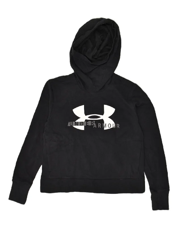 UNDER ARMOUR Womens Graphic Hoodie Jumper UK 14 Medium Black Hoodie with Rolled Sleeves Casual Relaxed