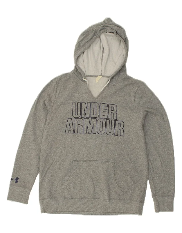 UNDER ARMOUR Womens Graphic Hoodie Jumper UK 16 Large Grey Cotton Hoodie with Monochrome Minimalist Simple