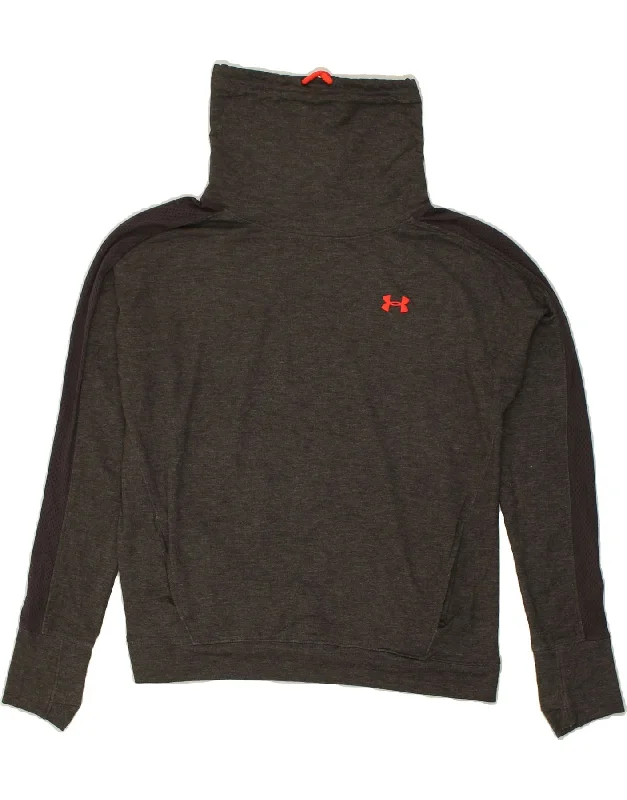 UNDER ARMOUR Womens Roll Neck Sweatshirt Jumper UK 16 Large Grey Hoodie with Stripes Bold Sporty