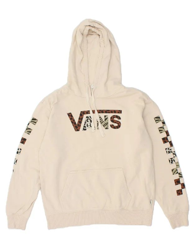 VANS Womens Graphic Hoodie Jumper UK 10 Small Beige Cotton Hoodie with Double Zipper Versatile Adjustable