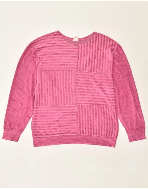 VINTAGE Womens Sweatshirt Jumper UK 18 XL Pink Striped Hoodie with Neon Bright Vibrant