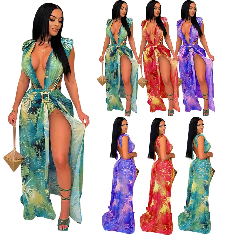 2022 Floral Print Sexy Two Piece Swimsuit Summer One Piece Swimsuit Cover Up Skirt Women Swimsuit Set Bikinis & Beachwear Beachy Ruffle Bikini