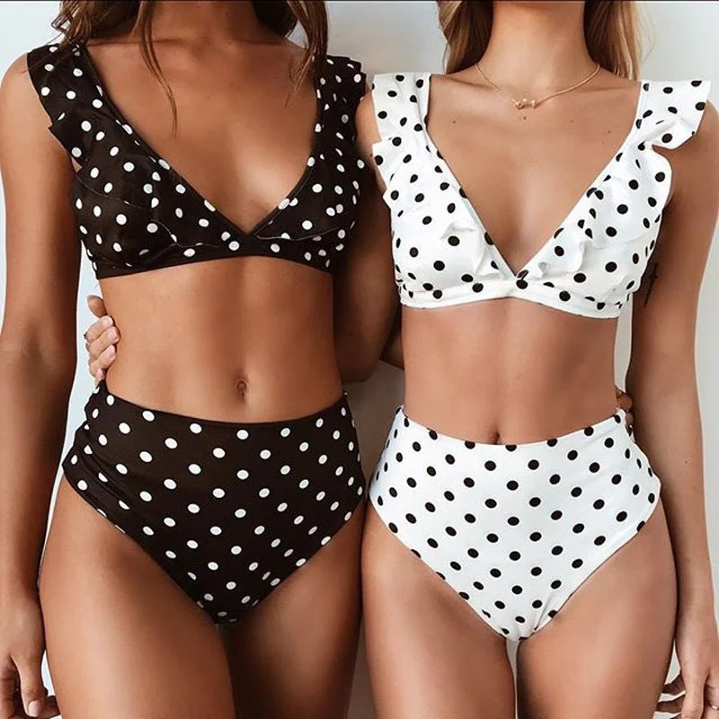 2pcs Black And White Polka Dot Print Swimsuit Sexy Ruffled Deep V-neck Bikini Set Summer Beach Womens Clothing Chic Beach Cover-Up