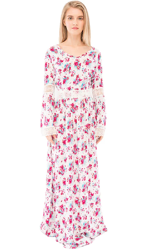 38909 Floral Maxi Dress - White & Fuchsia Stylish Button-Up Maxi Dress