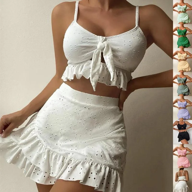 3pcs Beach Bikini With Hip-hugging Skirt Fashion Ruffle Design Swimsuit Set Summer Womens Clothing Retro Swimwear Style