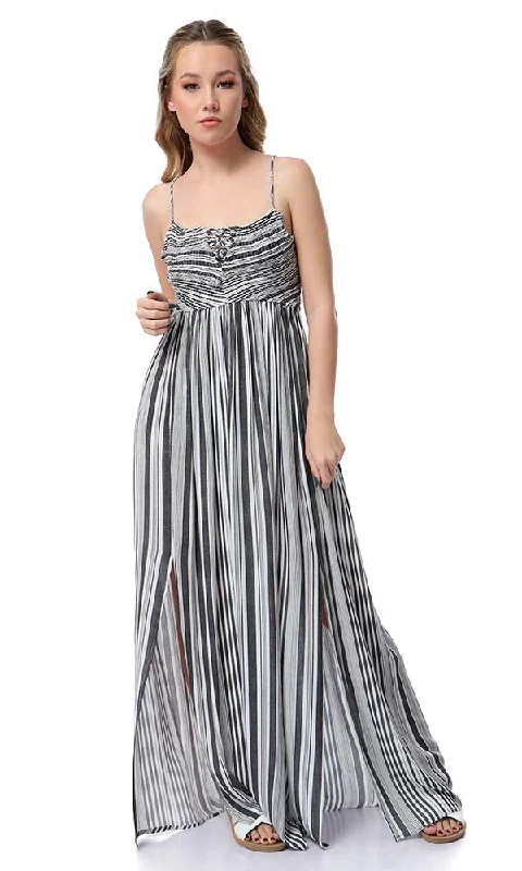 53376 Lace Up Sleeves Striped Black & White Maxi Dress Classic Strapless Maxi Dress